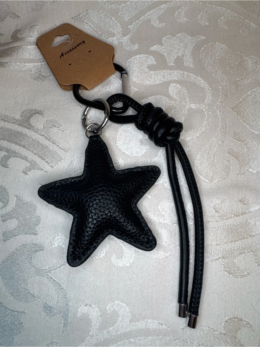 New Black Star Faux Leather Keychain Bag Charm - with shoelace